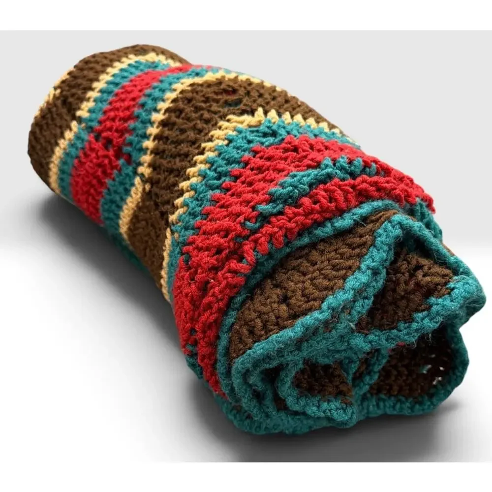 Handmade Crochet Vibrant Autumn Afghan Blanket Brown Teal Red Oversized 78 x 60